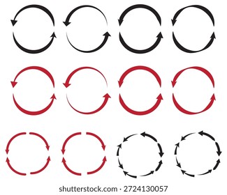 Conjunto de ícones de seta circular para ciclo, rotação e processo de atualização em estilo de traçado plano e de pincel.