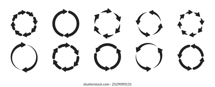 Un conjunto de iconos de flecha circular. Icono de reenvío. De dos a ocho flechas en un ciclo. Símbolo de Renovación, repetición, reciclaje. Ilustración vectorial.