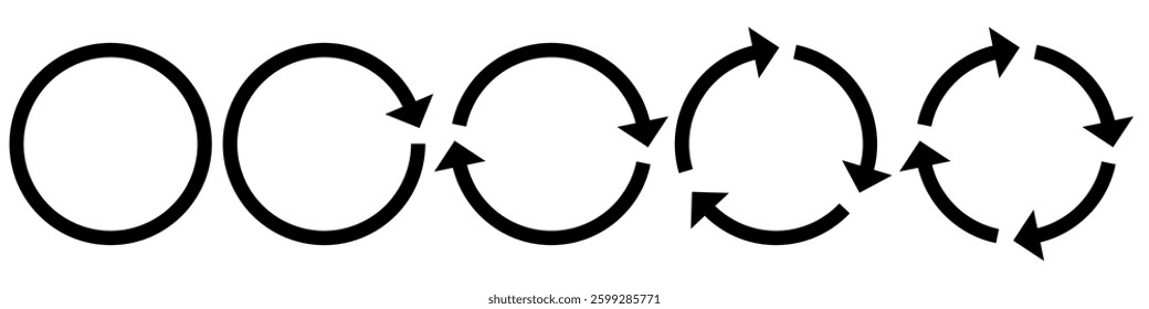 Set of Circular Arrows Icons. Rotational Cycle with Arrows. Rotating Arrow Symbols, Representing Cycle, Reload, Process Flow, Synchronization, and Continuous Motion.