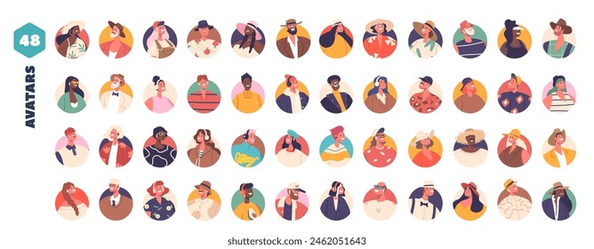 Set Of Circular Avatars Displaying Diverse Range Of People Of Different Ages, Ethnicities, Styles, Expressions, Attire