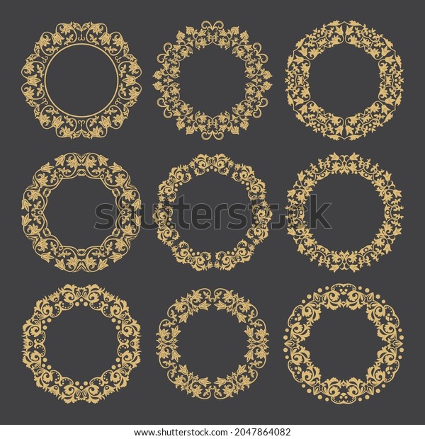 Set circular baroque ornament. Gold decorative\
frame. Applicable for monograms, logo, wedding invitation, menu.\
Element graphics design Vector.\
