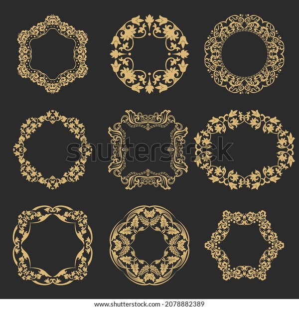Set circular baroque ornament. Gold decorative\
frame. Applicable for monograms, logo, wedding invitation, menu.\
Element graphics design Vector.\
