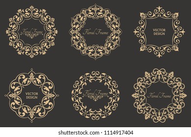 Set Of Circular Baroque Patterns. Round Floral Ornaments. Vintage Frames. Greeting Card. Wedding Invitation. Retro Style. Vector Logo Template, Labels And Badges