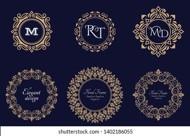 Set of circular baroque patterns. Round floral ornaments. Vintage frames. Greeting card. Wedding invitation. Retro style. Vector logo template, labels and badges