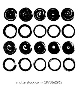 A set of circular brush strokes of black color on a white background. Textured abstract grunge circles. Grunge background. Modern abstract art. Vector design banner. Modern hand drawn background.
