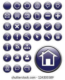 Set of circular buttons for web design in blue color.