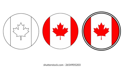 Un conjunto de iconos circulares de la bandera de Canadá en tres estilos: contorno, color plano y negrita. Ideal para diseños digitales, iconos, pegatinas y Elementos de marca.