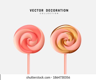 Set of circular caramel candies on stick in pink gold color. Sweet candy cane 3d render object isolated. Vector illustration