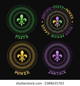 Set of circular carnival Mardi Gras traditionally colored patterns meaning Power, Faith, Justice. Beads, fleur de lis symbol, text. Halftone style. For prints, clothing, apparel, t shirt design Not AI