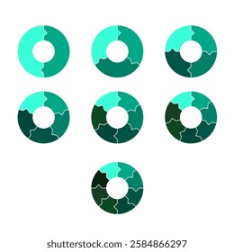 Set of circular chart diagrams. Circles pin arrow cut separated on1,2,3, 4,5, 6,8 with empty middle,simple flat design vector illustration.