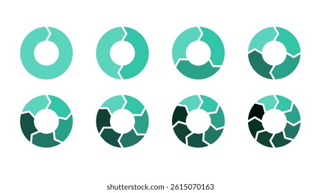 Set of circular  chart diagrams. Circles arrow cut separated on1,2,3, 4,5, 6,7,8 with empty middle with spacing,simple flat design vector illustration.	