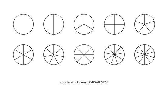 Set of circular chart. Piechart divided into pieces. Round structure graph. Pie diagram with segments and slices. Set schemes with sectors. Circle section template in grey color. Vector illustration