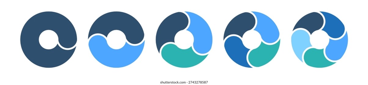 Set of circular chart shapes showing cyclical processes. Cycle diagrams, segmented cycle diagrams, vector illustrations