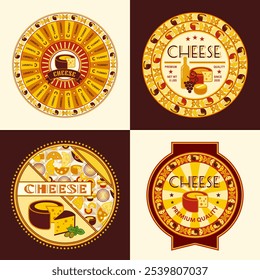 Set of circular cheese labels, templates with icons of cheese wheel, cheese pieces, slices, text. For food packaging and branding design in retro style.