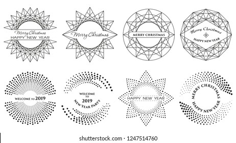 Set of circular Christmas ornaments. Borders made of lines and dots. Geometric New Year pattern. Circle shapes. Designer frames for invitations 
and holiday cards.