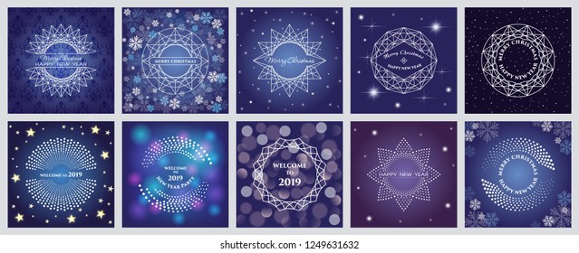 Set of circular Christmas ornaments. White round shapes on blue background with luminescent glow, snowflakes and star. Border made of lines and dots.  Designer frames, geometric New Year pattern. 