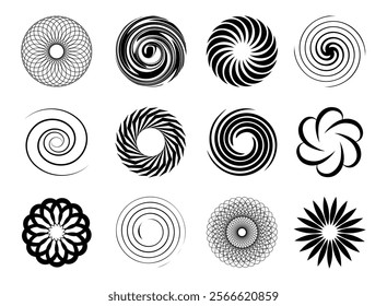 Set of circular curls. Whirlwind and vortex, helicoid. Effects and particles. Spiralform and heliciform. Graphic element for website. Flat vector collection isolated on white background