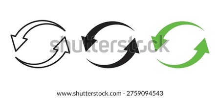 Set of circular curved arrows in green black and outline styles for recycling and data synchronization. Circular economy loops elements vector design.