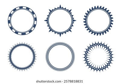 Set of circular decorative frames in different styles, including casino chip, sharp sunburst, and minimalist dotted designs. Perfect for labels, certificates, and design elements