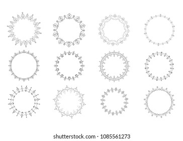 Set of circular decorative frames. Vintage black round borders isolated on white background. Vector illustration.