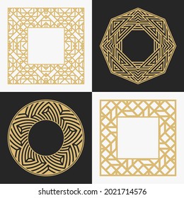 Establezca un adorno decorativo circular. Los marcos dorados son redondos y rectangulares. Colocar el texto. Ornamento artístico de elementos de diseño de artículos de lujo, logos, monogramas. Ilustración vectorial.