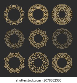 Set circular decorative ornament. Round stylish gold frames. Place for text. Art ornament of elements of design of luxury goods, logos, monograms. Vector illustration.
