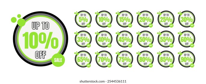 Conjunto de rótulos de desconto circulares, círculos verdes. Até 5, 10, 15, 20, 25, 30, 35, 40, 45, 50, 55, 60, 65, 70, 75, 80, 85, 90 por cento de desconto.