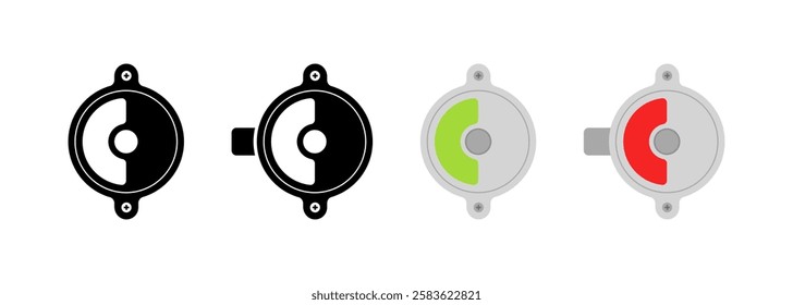 Set of circular door lock indicators with open and closed positions in black, green, and red. Vector icon