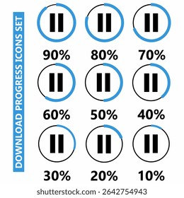 Conjunto de iconos de progreso de Descarga circular con indicadores porcentuales y símbolo de pausa. Varía del 10% al 90% en barras azules de progreso. Ideal para interfaz de usuario, App e interfaces multimedia