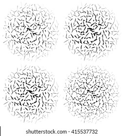 Set of circular elements with random scattered lines with different stroke profiles on the lines