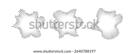 A set of circular equalizers from discontinuous beams . Radial sound, frequency sound waves . Pulsing music design element, voice graphic signal, circular sound waves . Vector radial spectrum.