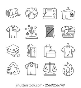 Set of circular fashion economy icons. Product life cycle from raw material to production, consumption, reuse, upcycling, downcycling and recycling. Sustainable fashion vector icons. 