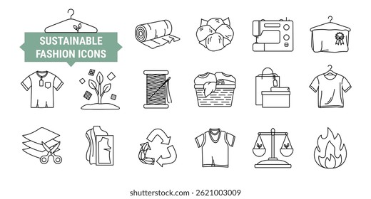 Set of circular fashion economy icons. Product life cycle from raw material to production, consumption, reuse, upcycling, downcycling and recycling. Sustainable fashion vector icons. 
