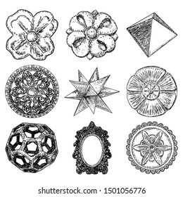 Set of Circular, floral mandala like vintage decorative Baroque ornament elements and low poly geometry shape star crystals drawing. Marble stone for fashion scarf, print, fabric design. Vector. 