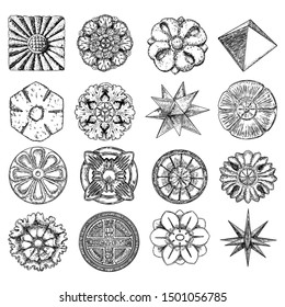 Set of Circular, floral mandala like vintage decorative Baroque ornament elements and low poly geometry shape star crystals drawing. Marble stone for fashion scarf, print, fabric design. Vector. 