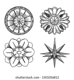 Set of Circular, floral mandala like vintage decorative Baroque ornament elements and low poly geometry shape star crystals drawing. Marble stone for fashion scarf, print, fabric design. Vector. 