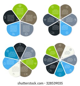 Set of circular flower infographic design templates. Connected round banners with 5, 6, 7, 8 options. Number banner templates for diagram, presentation or chart. Business concept sequence banners.