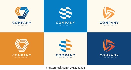 set of circular flower lotus vector logotype. Linear universal leaf floral logo