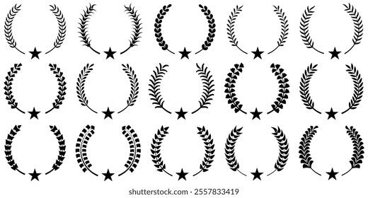 Set of circular foliate laurel wreath and olive leaf branches. Greek olive branch award wheat, eucalyptus and oak leaf wreath, Heraldic trophy.