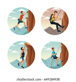 set circular frame with scene landscape man rock climbing