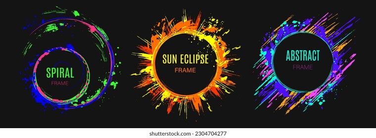 Set of circular frames with copy space Dark circle on background with paint brush strokes, dynamic glowing lines, spattered paint of neon colors Abstract elements, templates for logo, advertisment.