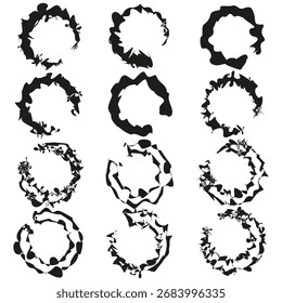 Set of circular frames. Grunge texture brushes. Black ink blotches. Vector abstract borders. EPS 10.