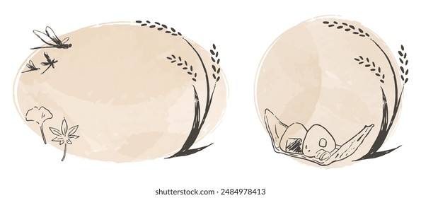 Set of circular frames with rice, dragonflies, autumn leaves, rice balls, and watercolor