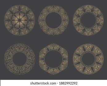 A set of circular frames with space for text. A linear golden ornament in Arabic style. Graphic design of wedding invitations, menus, monograms, greeting cards. Vector model.