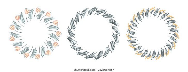 Set of circular frames. Spring-summer floral composition. Wreath with flowers and leaves for invitations, greeting cards, wedding themes.