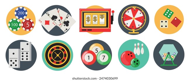 Set von kreisförmigen Glücksspiel-Icons im Cartoon-Stil.Vektorillustration von schönen Icons: Chips, Karten, Spielautomat, Glücksrad, Würfel, Dominosteine, Casino-Roulette, Lottotron-Bälle, Badminton, Lotterie.