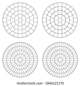 Set of circular garden tile flooring illustration. Hexagon dodecagon paving tile. Symmetrical circle mosaic pattern.