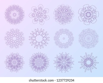 Set of circular geometric abstract ornaments of purple lines on a light lilac background. Collection of isolated vector mandalas. Can be used for holiday cards and greetings.