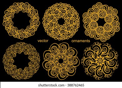 A set of Circular gold ornament on a black background, the state of water, air, texture handmade, mandala air element