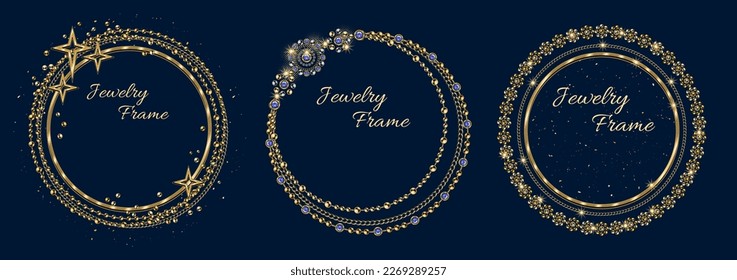 Set of circular golden frames with large place for copy space. Jewelry gold chains, beads, shiny stars, small glittering particles. Logo, emblem, badge for anniversary, award, gift design on dark blue